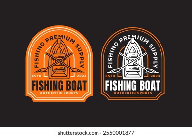 barco de pesca com remo, bordo com retro oar emblema logotipo design set. navio de madeira com pedal vintage emblema logotipo coleção para pescador, artes de pesca, esporte e competição