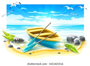 Barco pesquero con remo en la costa del mar en la isla tropical paraíso. Romperes de sol en la playa con cielo azul y aves gaviotas, aislados de fondo blanco. Ilustración vectorial Eps10.