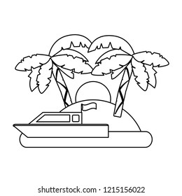 Fishing boat passing by island in black and white