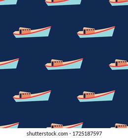 Fishing boat pattern for summer vacation vibes. Nautical seamless background. Sailboat design. Vector illustration.