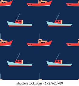 Fishing boat pattern for summer vacation vibes. Nautical seamless background. Sailboat design. Vector illustration.