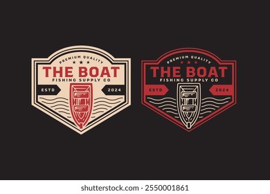 fishing boat, proa, ark, watercraft retro badge logo design set. wooden boat, pinnace fisherman vintage emblem logo collection for fisherman, fishing gear, sport and competition