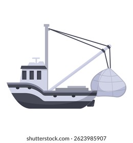 Fishing boat is pulling up a full net after a successful day at sea
