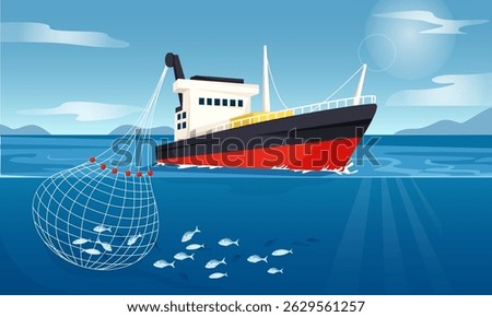 Fishing boat pulling net filled with fish in blue ocean, flat graphic style, with sea and mountain background. Concept of commercial fishing. Vector illustration