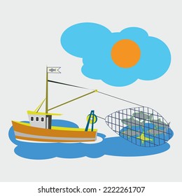 Fishing boat pulling the net full of fish on the blue sea, drawing flat colors, fishing in the sea with nets
