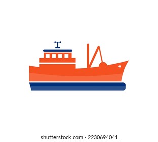 Fishing boat are returning after fishing to its port logo design. Fishing vessel, boat, sea vessel. Commercial fishing boat sailing  vector design and illustration.
