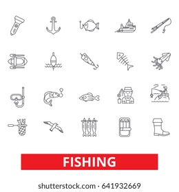 Fishing boat, rod, yachting, hook, fish, fisherman, sea food line icons. Editable strokes. Flat design vector illustration symbol concept. Linear signs isolated on white background