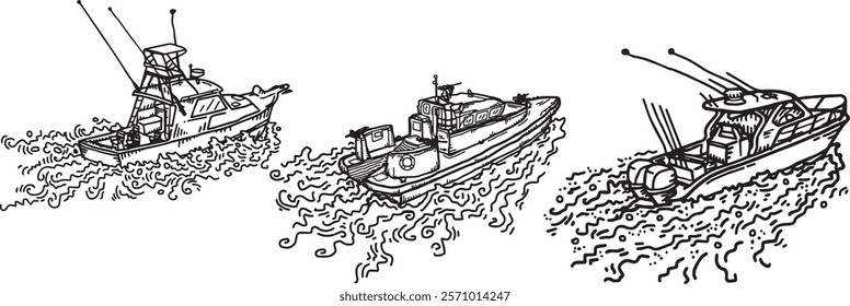 Fishing boat sail through the sea and ocean, hand drawn outline set illustration. Double motor vessel cruising on the ocean pen drawing symbol. Military ship in the water traveling silhouette detail.