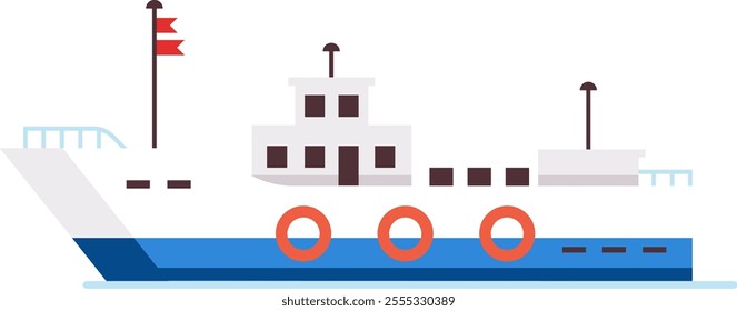 Fishing boat sailing across the sea, adorned with vibrant red flags and lifebuoys, showcasing a superstructure featuring large windows, all in a minimalist flat design style