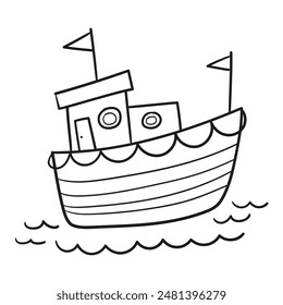 Fishing boat sailing, black and white clipart, coloring page