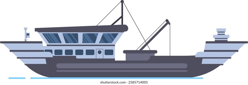 Fishing boat sailing on the sea, commercial fishing ship for seafood industry, shipping sea boat for ocean water, isolated vector illustration set