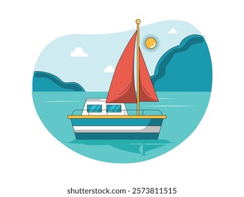 A fishing boat sailing in the sea, catching fish. Character design. Vector flat illustration