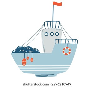 Fishing boat. Sailing vessel, sea mode of transport. Children's illustration for design of children's rooms, clothing, textiles. Vector hand draw illustration isolated on the white background. 