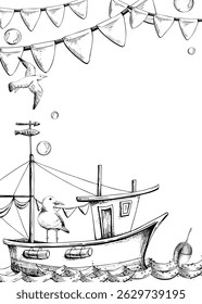 Fishing boat with sails and mast, flying seagull, float on water, with garlands of flags, bubbles. Watercolor illustration hand drawn. Vertical frame, empty template for text