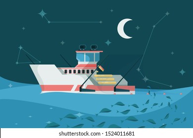 Fishing boat in sea. Marine sky night landscape ship ocean water surface sailing transport for fishing vector background in flat style