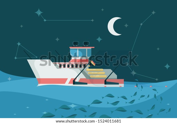 Fishing boat in sea. Marine sky night landscape\
ship ocean water surface sailing transport for fishing vector\
background in flat\
style