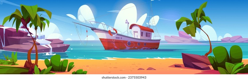 Fischerboot auf See oder an der Küste des Ozeans. Cartoon Vektorgrafik Sommersonnige Landschaft mit Palmen am Sandstrand, Schiff und Felsen im Wasser, blauer Himmel mit Wolken. Fischereifahrzeug für Aquakultur in Lagune.