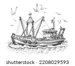 Fishing boat in sea. Seagulls and vessel, ship on the water. Seascape, fishery sketch vector illustration