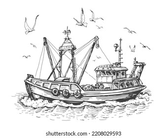 Fishing boat in sea. Seagulls and vessel, ship on the water. Seascape, fishery sketch vector illustration