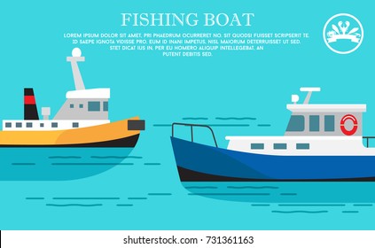 Fishing boat sea transportation vessel with large cargo ship on blue water with tiny waves. Vector illustration with shipping services advert