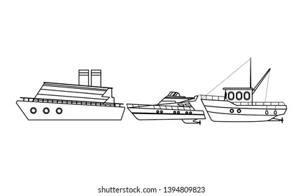Fishing boat sea travel cruiseship and yatch black and white