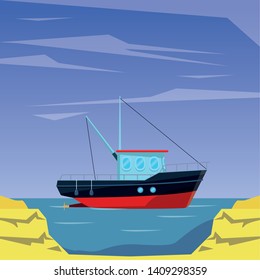 Fishing boat sea travel and work vehicle with lines and nets peninsula shore background vector illustration graphic design