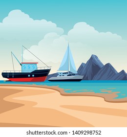 Fishing boat sea travel and work vehicle with lines and nets and sailboat beach shore background vector illustration graphic design