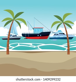 Fishing boat sea travel and work vehicle with lines and nets sailboat and yatch palm trees background vector illustration graphic design