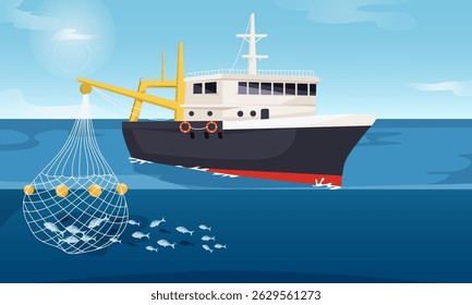 Fishing boat at sea using a net to catch fish, flat cartoon style, blue ocean background, concept of marine fishing industry. Vector illustration
