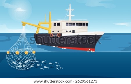 Fishing boat at sea using a net to catch fish, flat cartoon style, blue ocean background, concept of marine fishing industry. Vector illustration