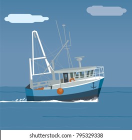 Fishing boat in the sea, boat in the waves