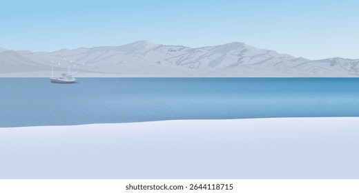 Fishing boat in the sea in winter season have mountain ranges and blue sky background graphic illustration.