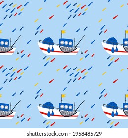 Fishing boat seamless pattern. Cartoon hand drawn colorful sail childish collection, water transport on blue background. Kids decor textile wrapping paper wallpaper vector print or fabric