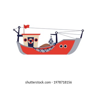 Fishing boat, ship or barge with nets, flat vector illustration isolated on white background. Fishing fleet or angling ship cartoon colorful icon or symbol.