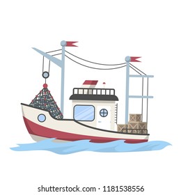Fishing boat or ship full of fish. Catching fish in the sea or ocean for seafood production. Isolated vector flat illustration