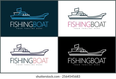 Fishing boat ship line art luxury logo set template design