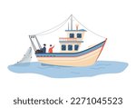 Fishing boat or ship at sea, flat vector illustration isolated on white background. Fishing industrial vessel or commercial fishery emblem design element.