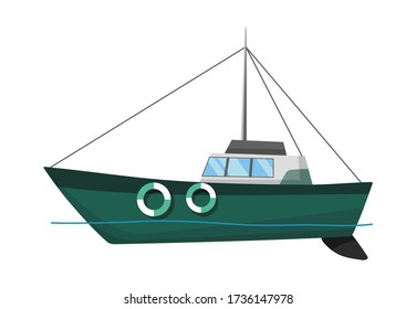Fishing boat side view. Commercial fishing trawler for industrial seafood production. Marine ship, sea or ocean transportation. Vector illustration