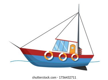 Fishing boat side view isolated on white background. Fishing commercial ship, fisher sea boat for ocean water, shipping seafood industry. Fisherman boat