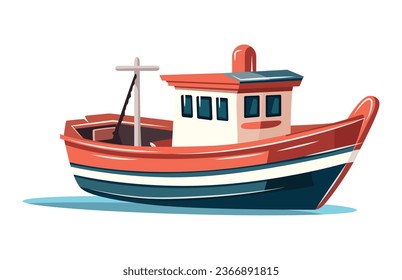 Fishing boat side view isolated. Commercial fishing trawlers for industrial seafood production vector illustration in flat style. Vintage marine ships, sea or ocean transportation collection.