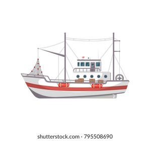 Fishing boat side view isolated icon. Sea or ocean transportation, marine ship for industrial seafood production vector illustration in flat style.