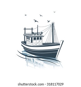 Fishing Boat side view on sea , vector illustration 