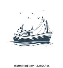 Fishing Boat side view on sea , vector illustration 