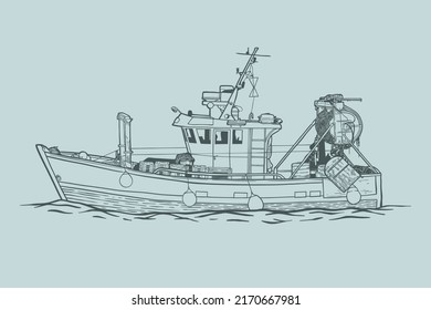 Fishing boat side view - vector illustration - Out line