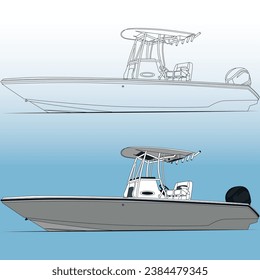 Fishing boat side view, vector, line-art, Illustration