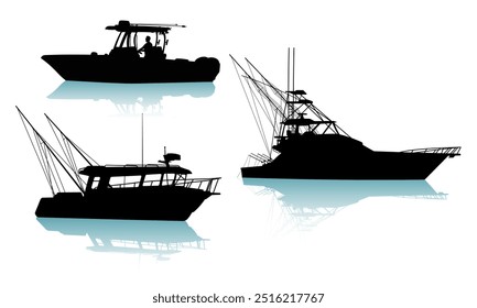 Fishing boat silhouette vector illustration. Suitable for design elements of sea fishing tourism.