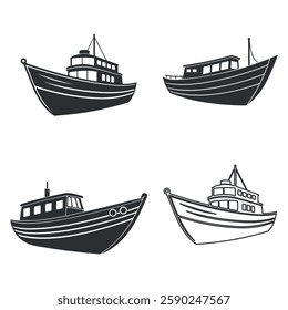 fishing boat silhouette vector set, detailed ship clipart, line art, and cartoon designs, perfect for printables and digital design