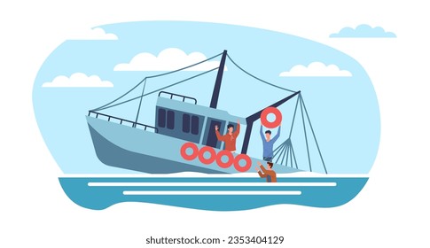 Fishing boat sinks in ocean, crew tries to escape. Catastrophe in sea, sinking water transport. Danger situation. Cartoon flat style isolated illustration. Vector damaged shallop concept