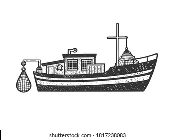 fishing boat sketch engraving vector illustration. T-shirt apparel print design. Scratch board imitation. Black and white hand drawn image.