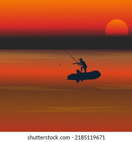 Fishing from a boat at sunset time concept illustration 